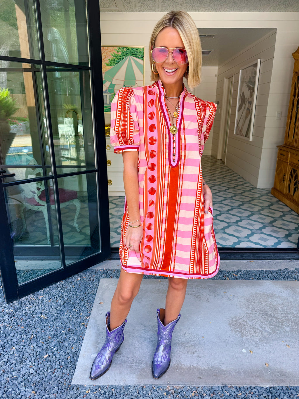 CONNECT THE DOTS CONTRAST STRIPE DRESS - RUST PINK