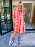 CONNECT THE DOTS CONTRAST STRIPE DRESS - RUST PINK