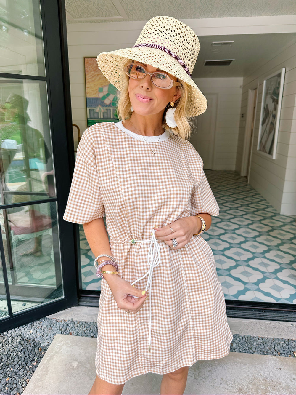 GET GOING GINGHAM CINCH WAIST DRESS - TAN