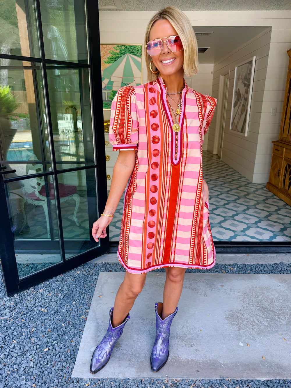 CONNECT THE DOTS CONTRAST STRIPE DRESS - RUST PINK