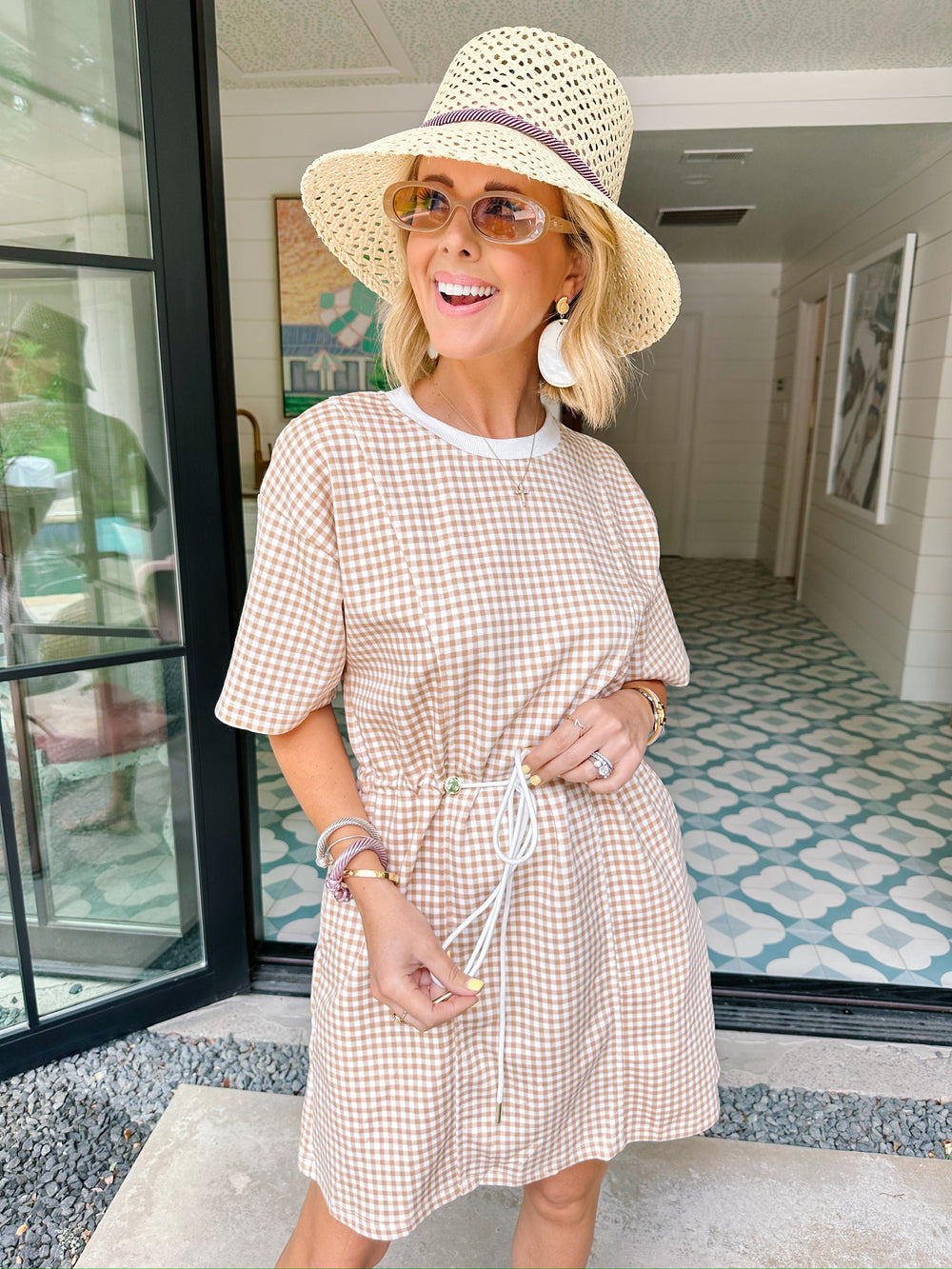 GET GOING GINGHAM CINCH WAIST DRESS - TAN