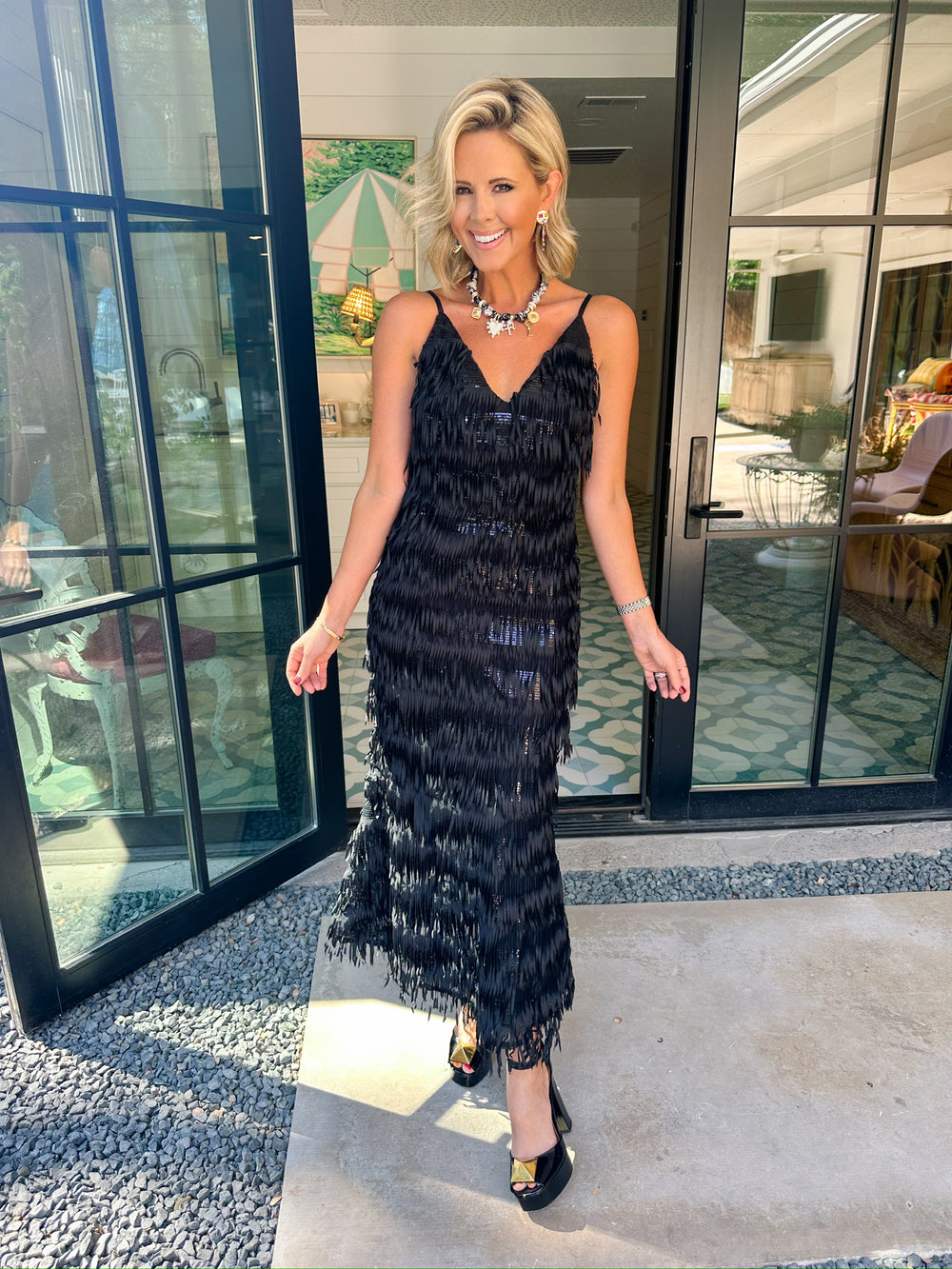 CENTER OF ATTENTION SEQUIN FRINGE MIDI DRESS - BLACK