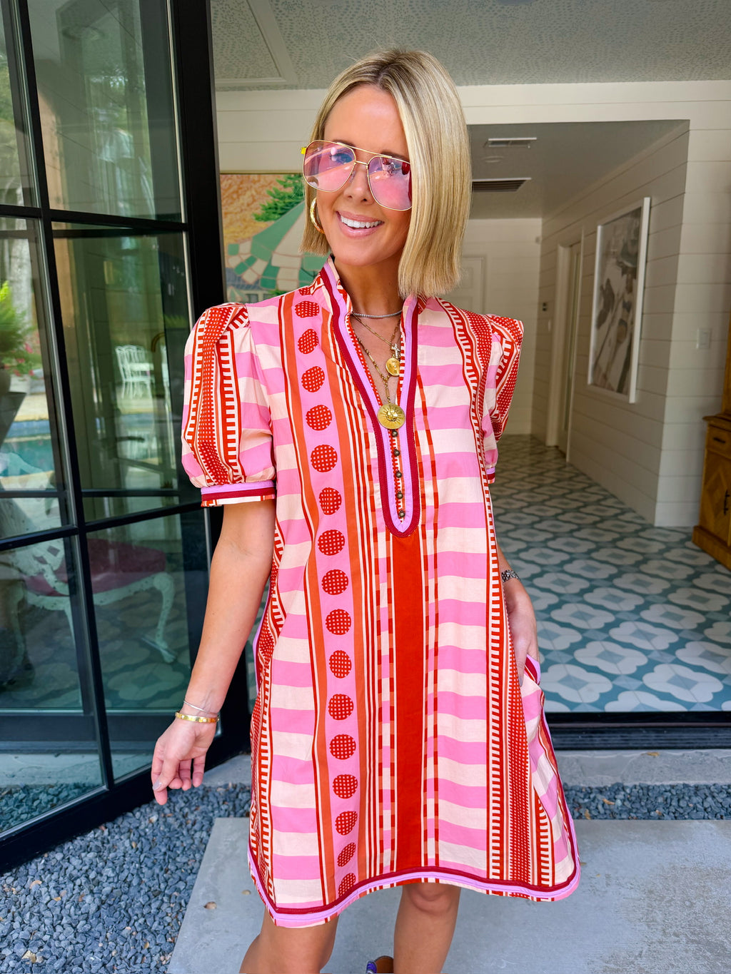 CONNECT THE DOTS CONTRAST STRIPE DRESS - RUST PINK