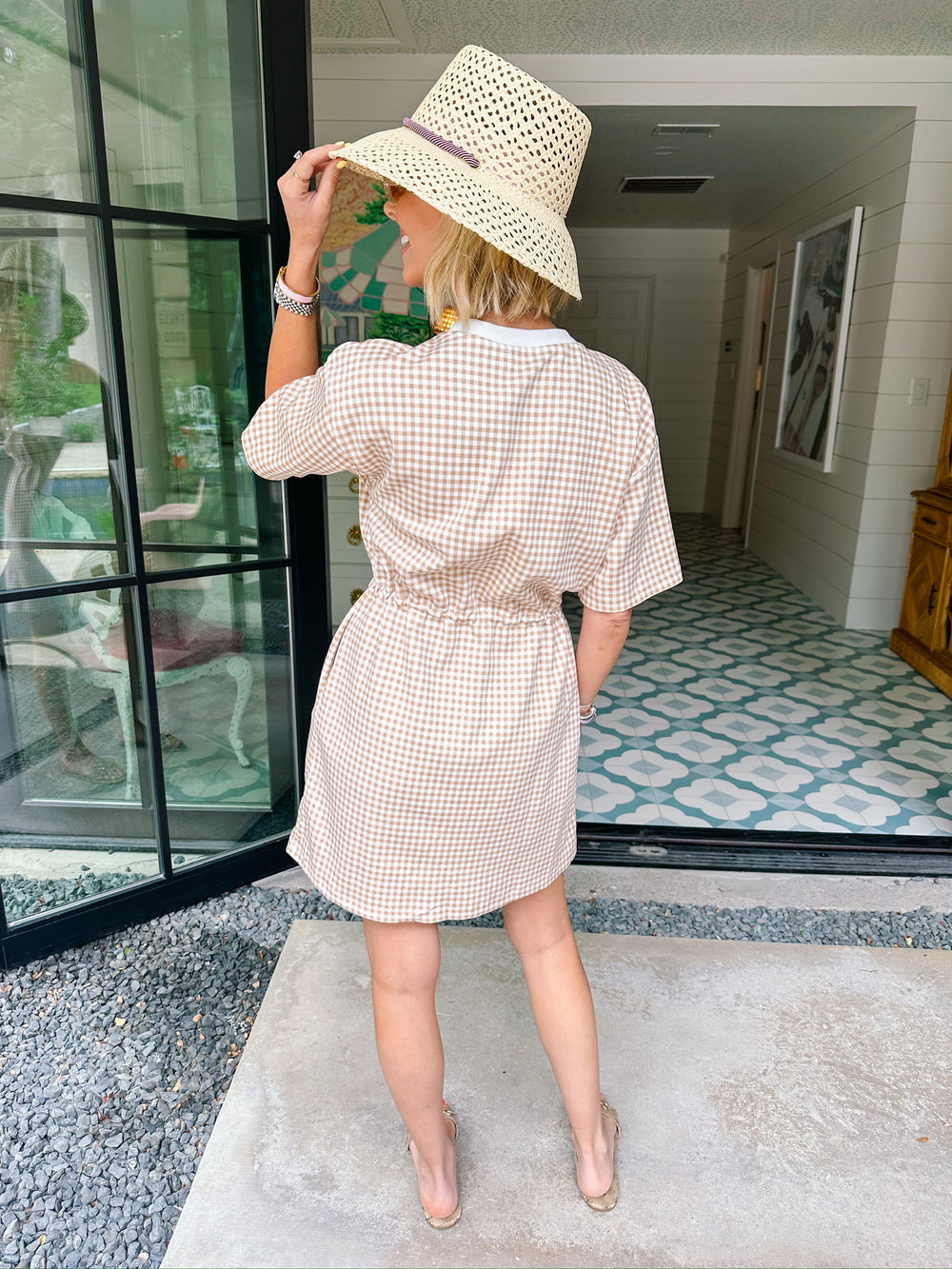 GET GOING GINGHAM CINCH WAIST DRESS - TAN