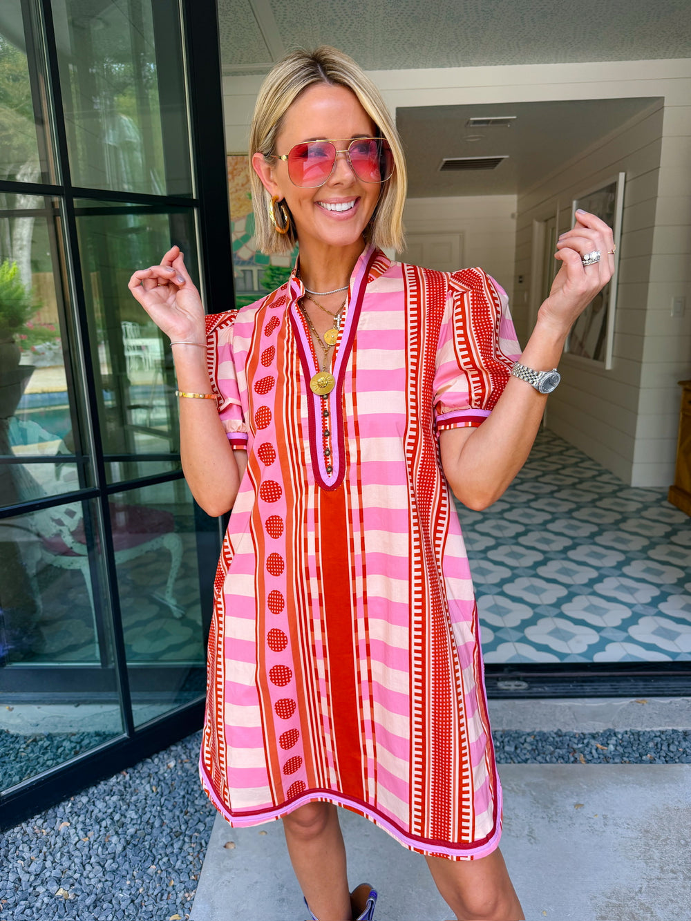 CONNECT THE DOTS CONTRAST STRIPE DRESS - RUST PINK
