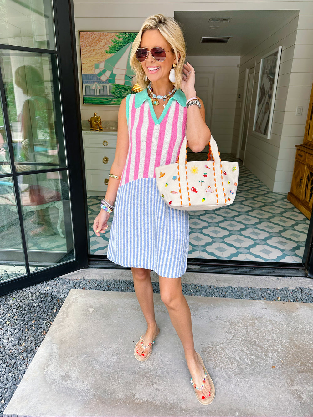 CABANA CLUB STRIPE COLOR BLOCK DRESS - PINK/BLUE