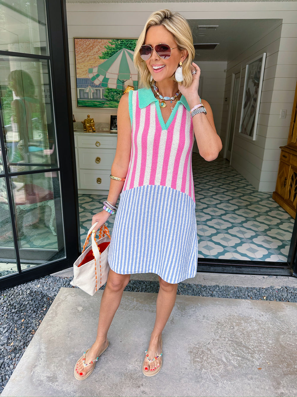 CABANA CLUB STRIPE COLOR BLOCK DRESS - PINK/BLUE