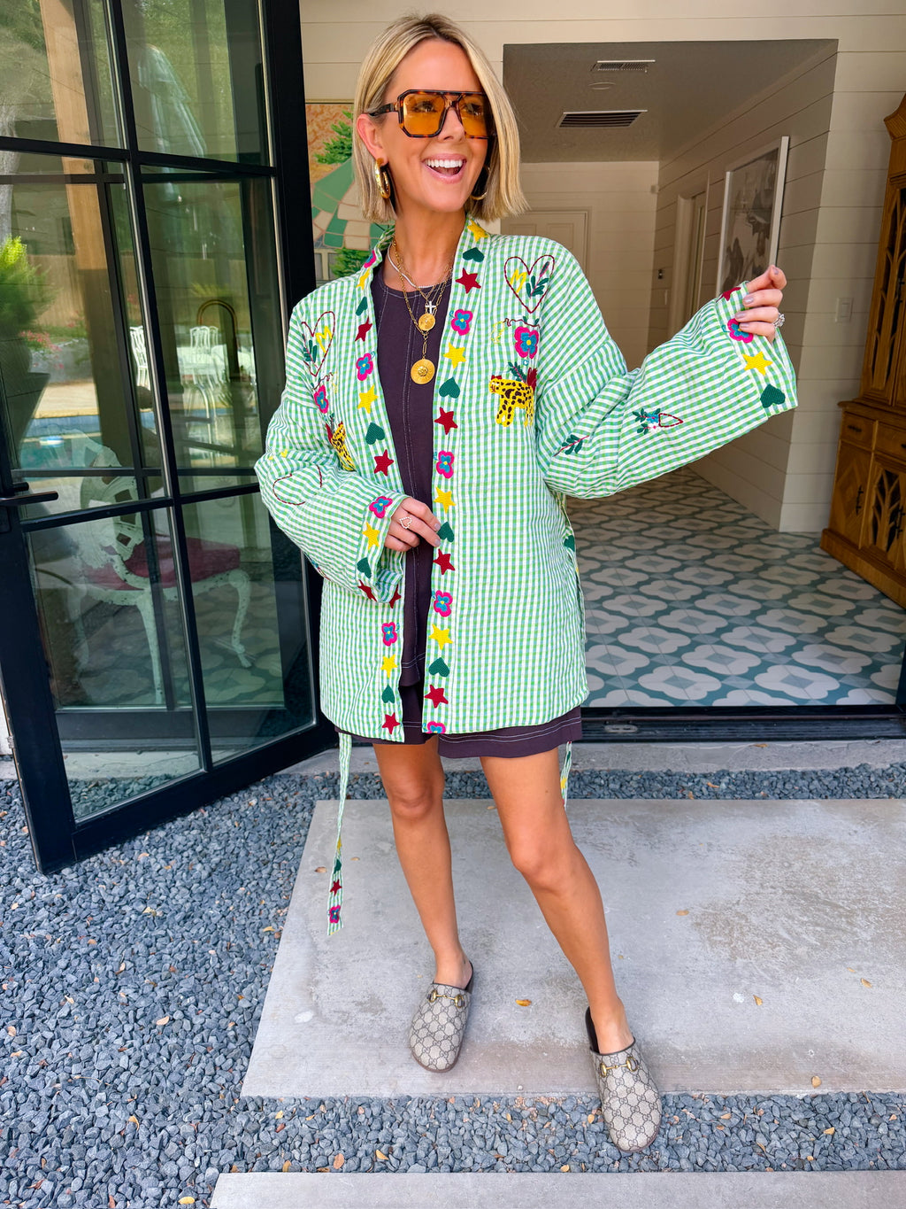 STATE OF SUNSHINE EMBROIDERED GINGHAM JACKET - GREEN