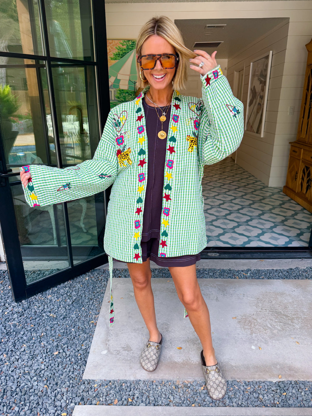STATE OF SUNSHINE EMBROIDERED GINGHAM JACKET - GREEN