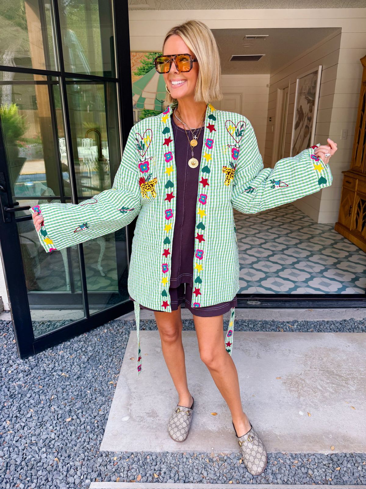 STATE OF SUNSHINE EMBROIDERED GINGHAM JACKET - GREEN