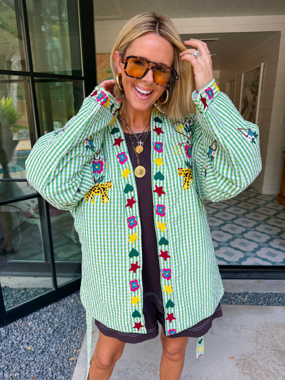 STATE OF SUNSHINE EMBROIDERED GINGHAM JACKET - GREEN