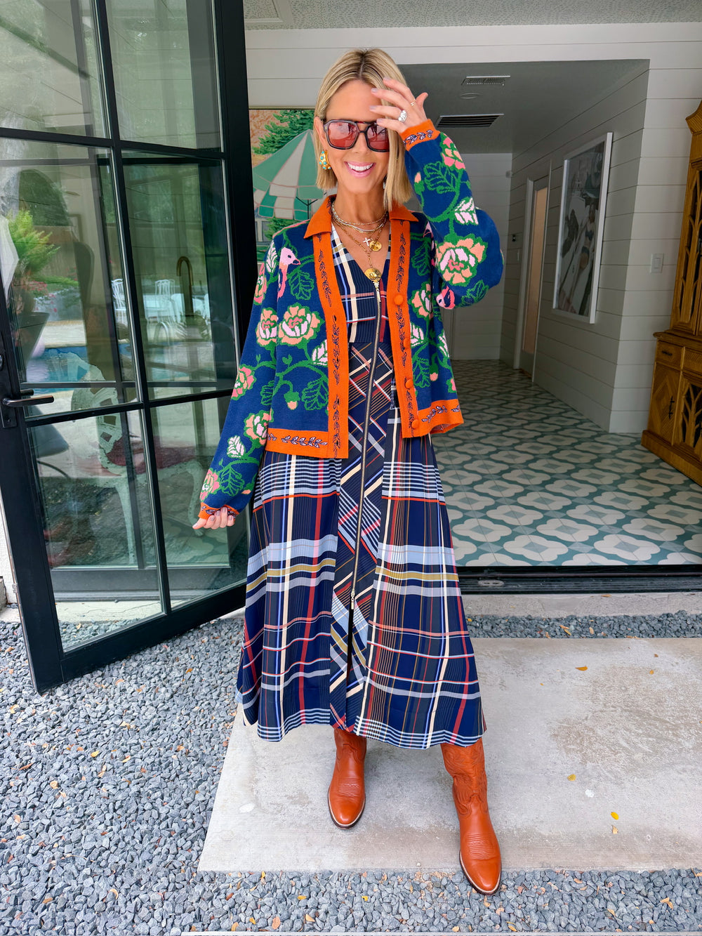 FREE AS A BIRD FLORAL CONTRAST TRIM CARDIGAN - NAVY/ORANGE