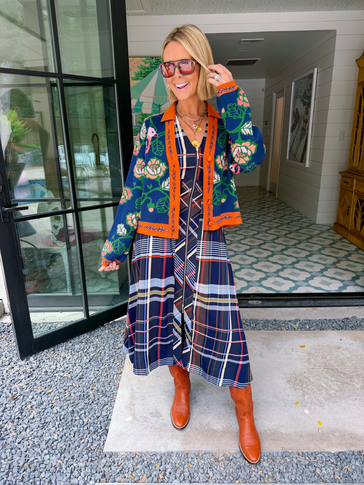 FREE AS A BIRD FLORAL CONTRAST TRIM CARDIGAN - NAVY/ORANGE