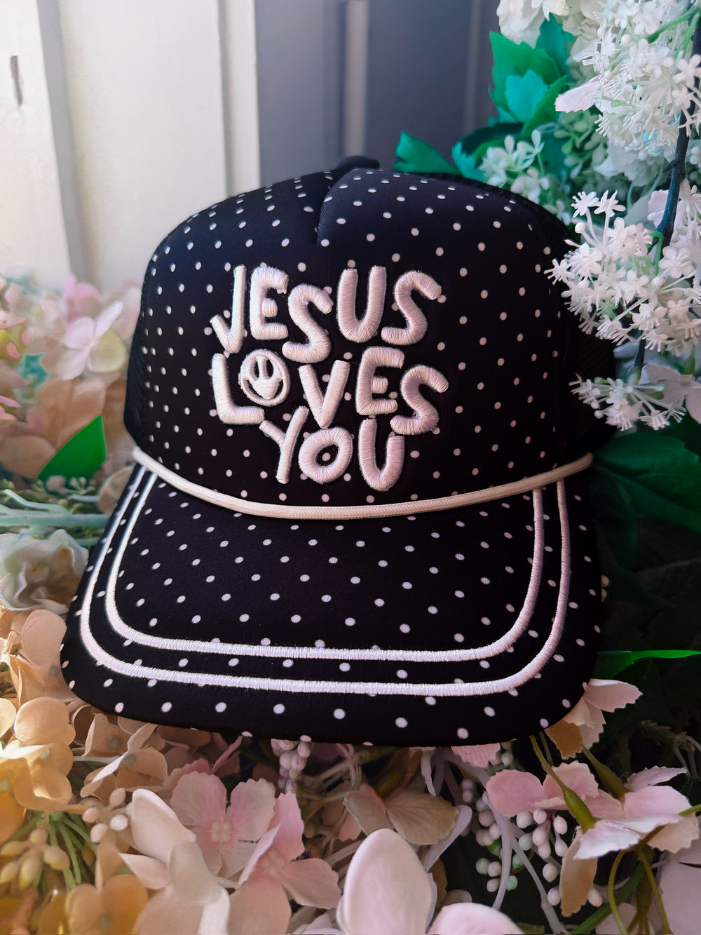 JESUS LOVES YOU SMILEY POLKA DOT CANVAS TRUCKER HAT