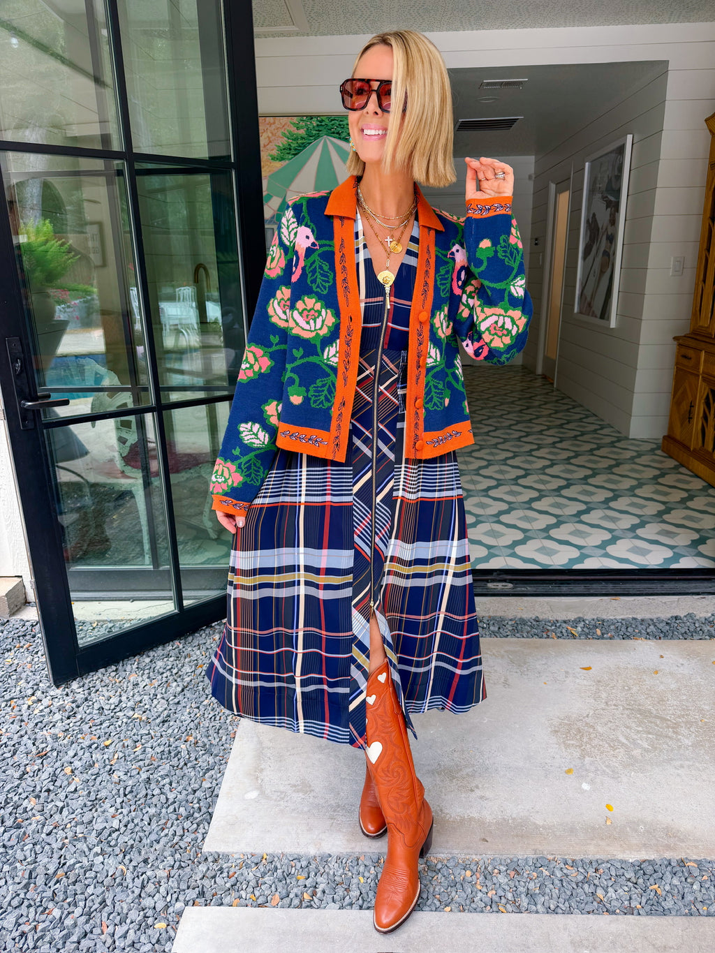 FREE AS A BIRD FLORAL CONTRAST TRIM CARDIGAN - NAVY/ORANGE