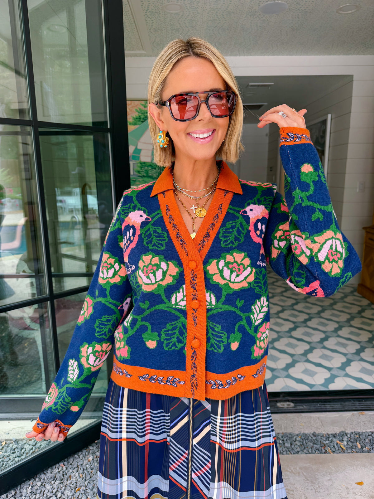 FREE AS A BIRD FLORAL CONTRAST TRIM CARDIGAN - NAVY/ORANGE