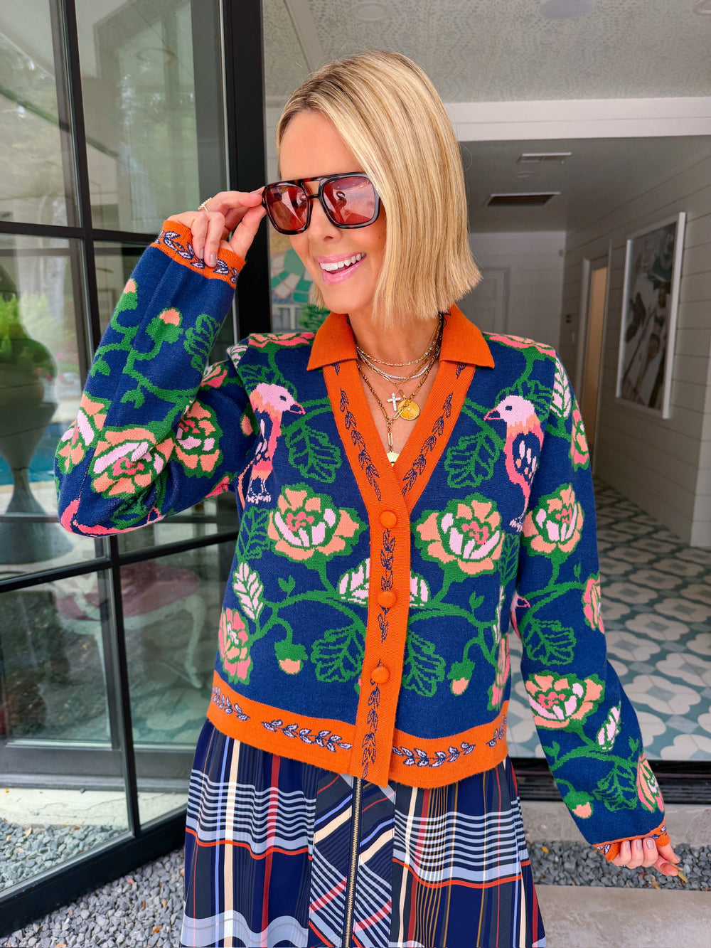 FREE AS A BIRD FLORAL CONTRAST TRIM CARDIGAN - NAVY/ORANGE