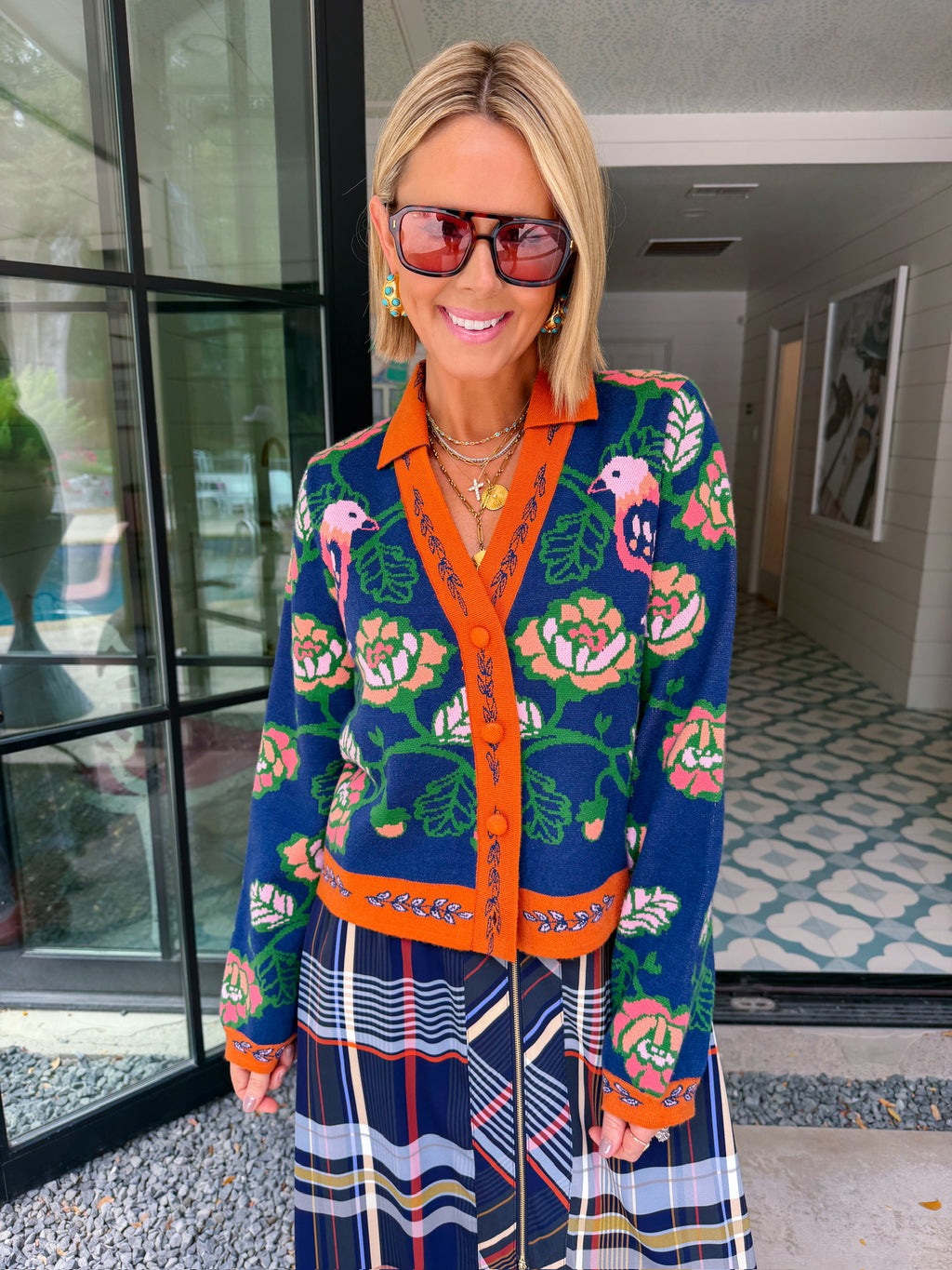 FREE AS A BIRD FLORAL CONTRAST TRIM CARDIGAN - NAVY/ORANGE