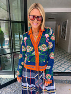 FREE AS A BIRD FLORAL CONTRAST TRIM CARDIGAN - NAVY/ORANGE