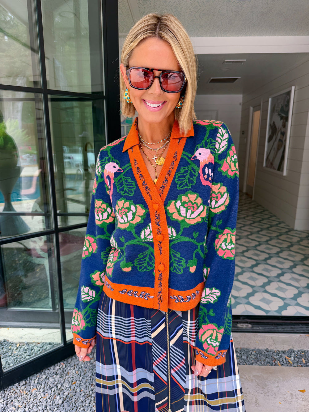 FREE AS A BIRD FLORAL CONTRAST TRIM CARDIGAN - NAVY/ORANGE