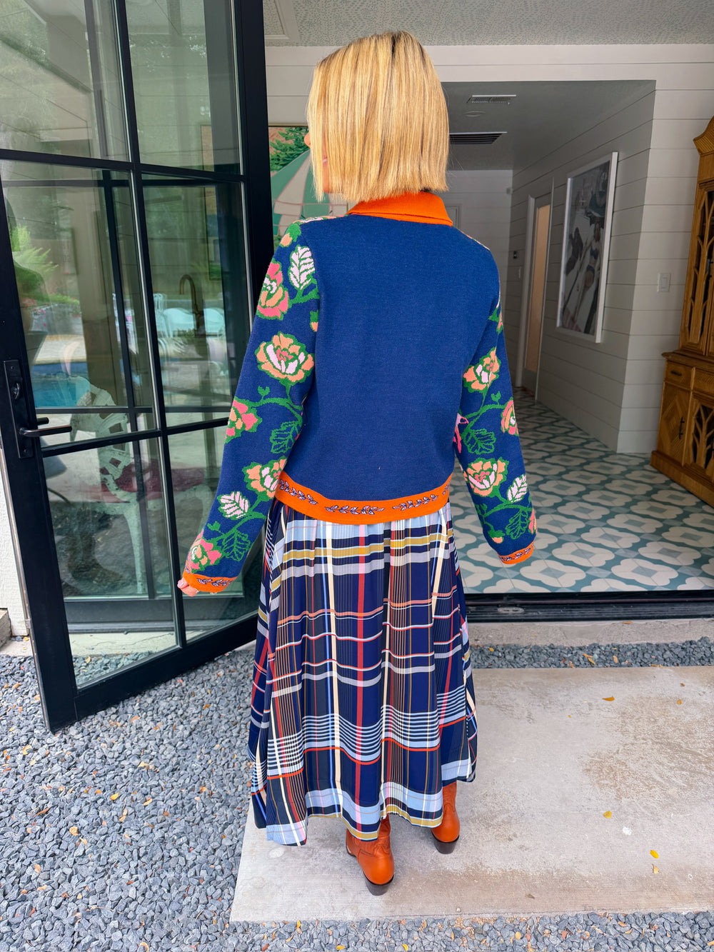 FREE AS A BIRD FLORAL CONTRAST TRIM CARDIGAN - NAVY/ORANGE