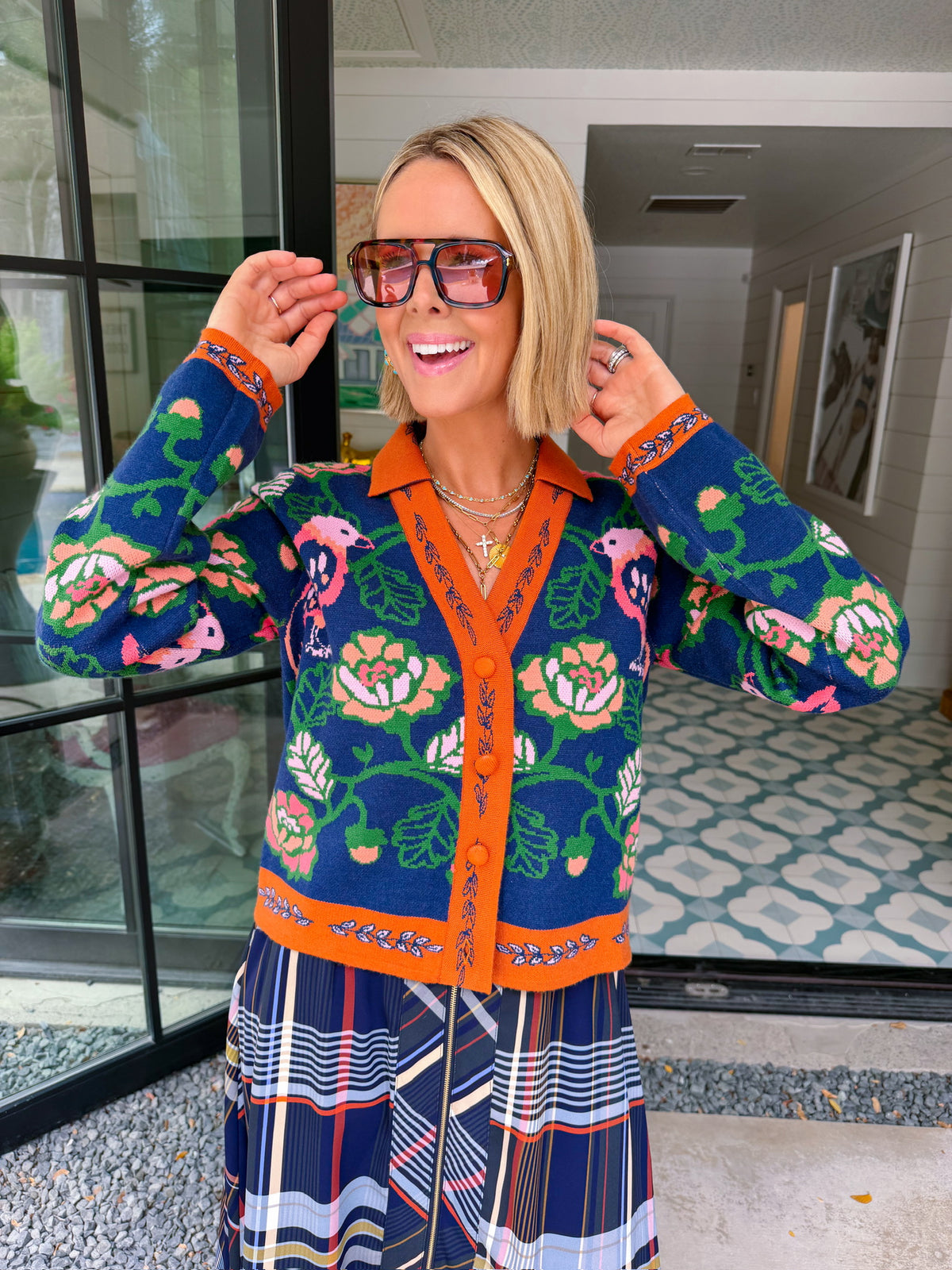 FREE AS A BIRD FLORAL CONTRAST TRIM CARDIGAN - NAVY/ORANGE