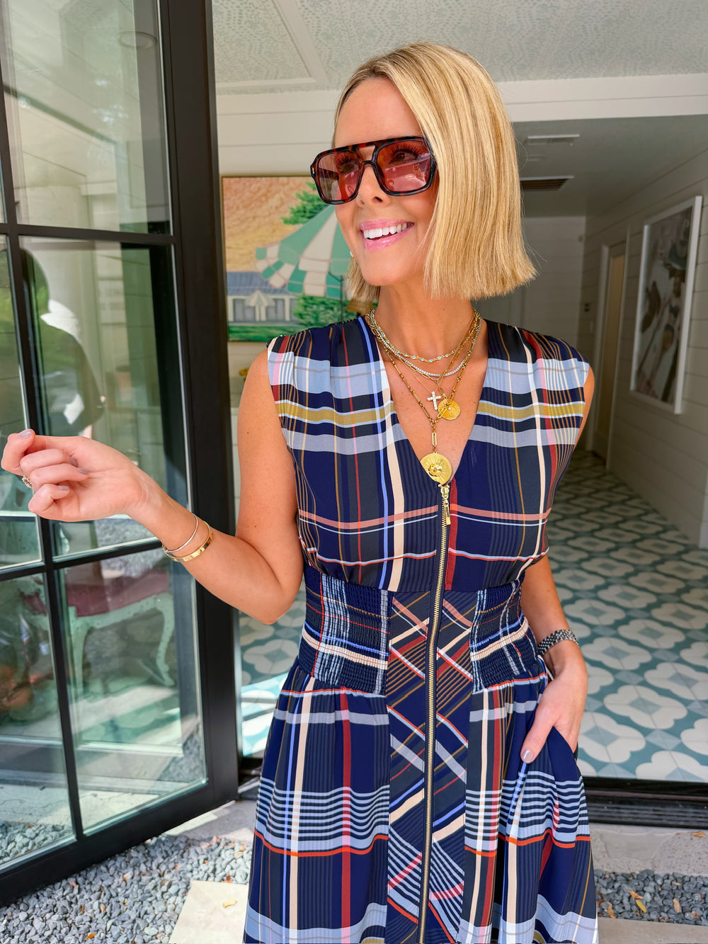 PAVE THE WAY PLAID ZIP UP MIDI DRESS - NAVY