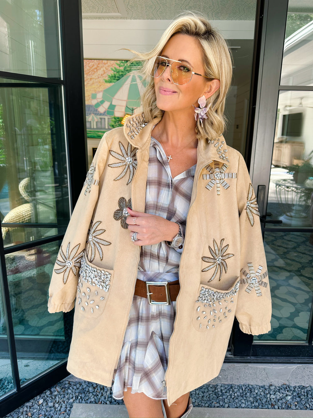 RHINESTONE REIGN FLORAL SUEDE ZIP UP JACKET - BEIGE