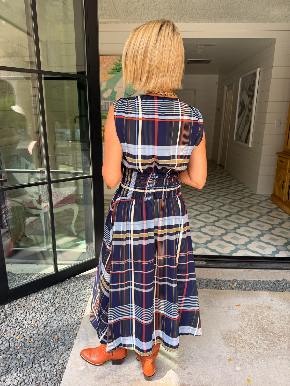 PAVE THE WAY PLAID ZIP UP MIDI DRESS - NAVY
