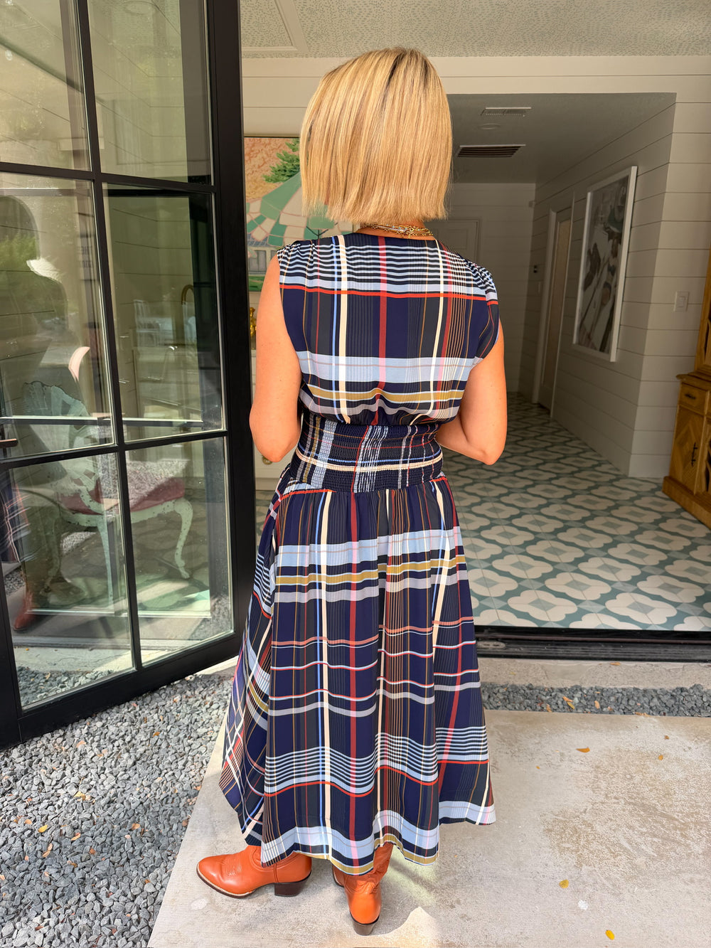 PAVE THE WAY PLAID ZIP UP MIDI DRESS - NAVY