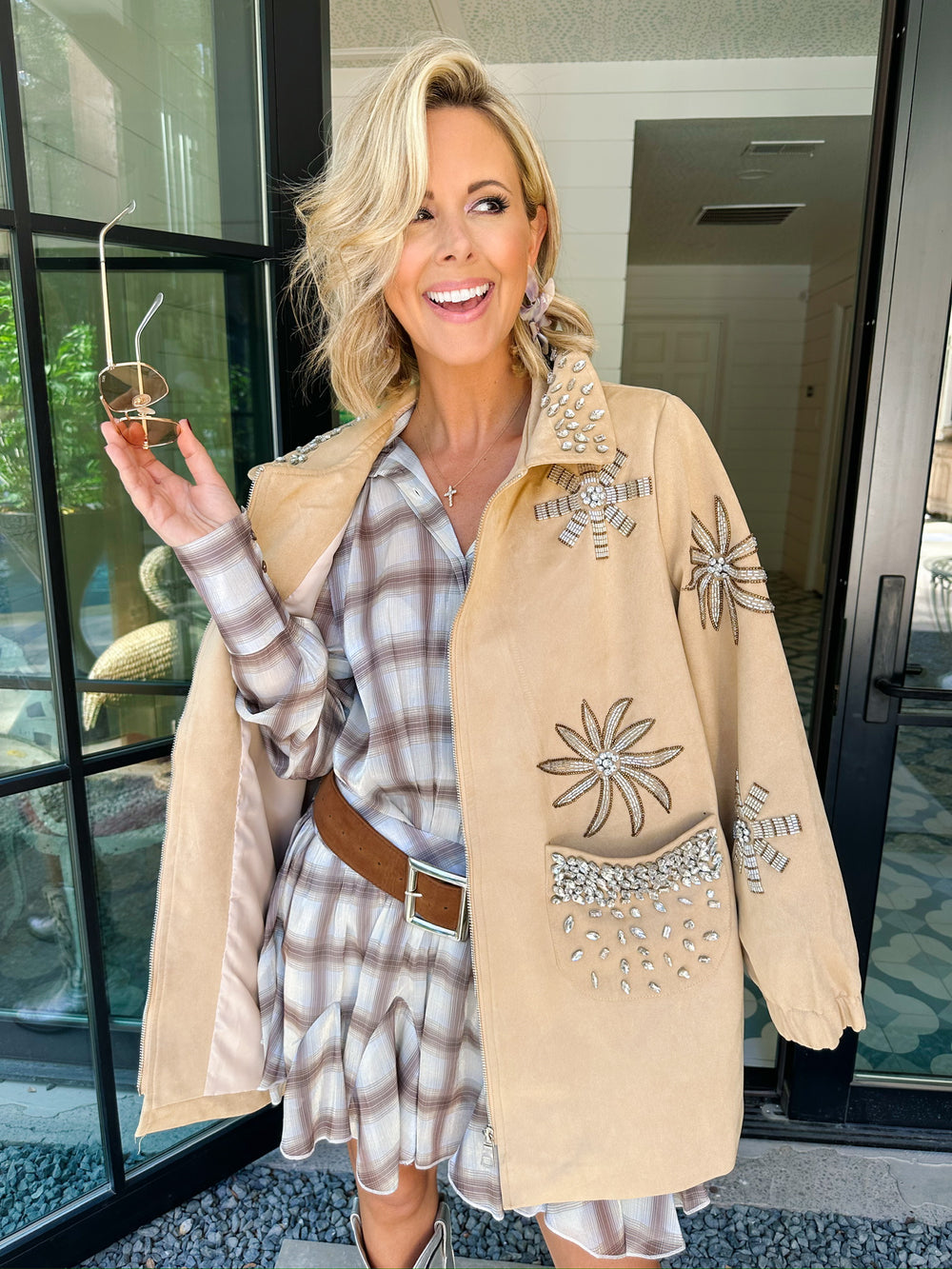 RHINESTONE REIGN FLORAL SUEDE ZIP UP JACKET - BEIGE