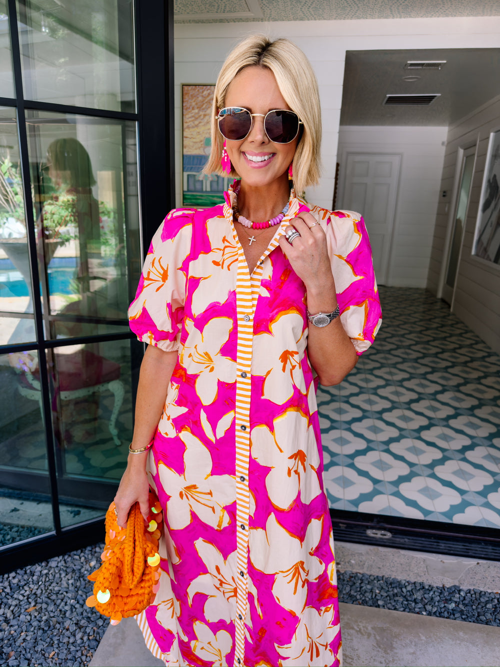 HIBISCUS HIDEAWAY STRIPE TRIM MIDI DRESS - PINK