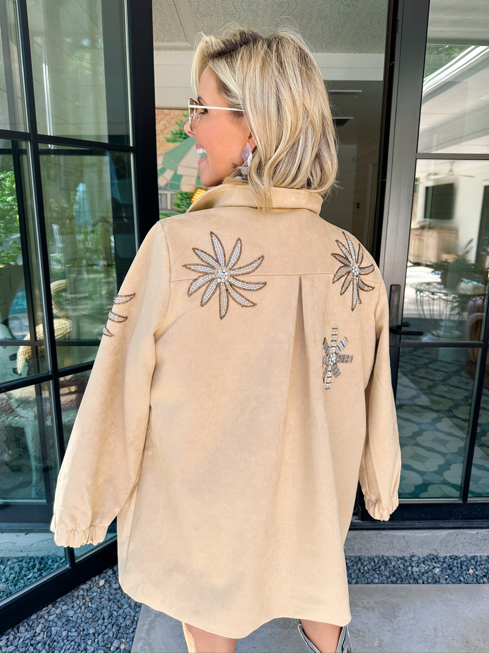 RHINESTONE REIGN FLORAL SUEDE ZIP UP JACKET - BEIGE