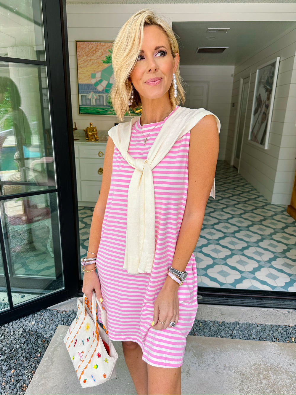 KIMBERLY STRIPE SHOULDER SWEATER DRESS - PINK