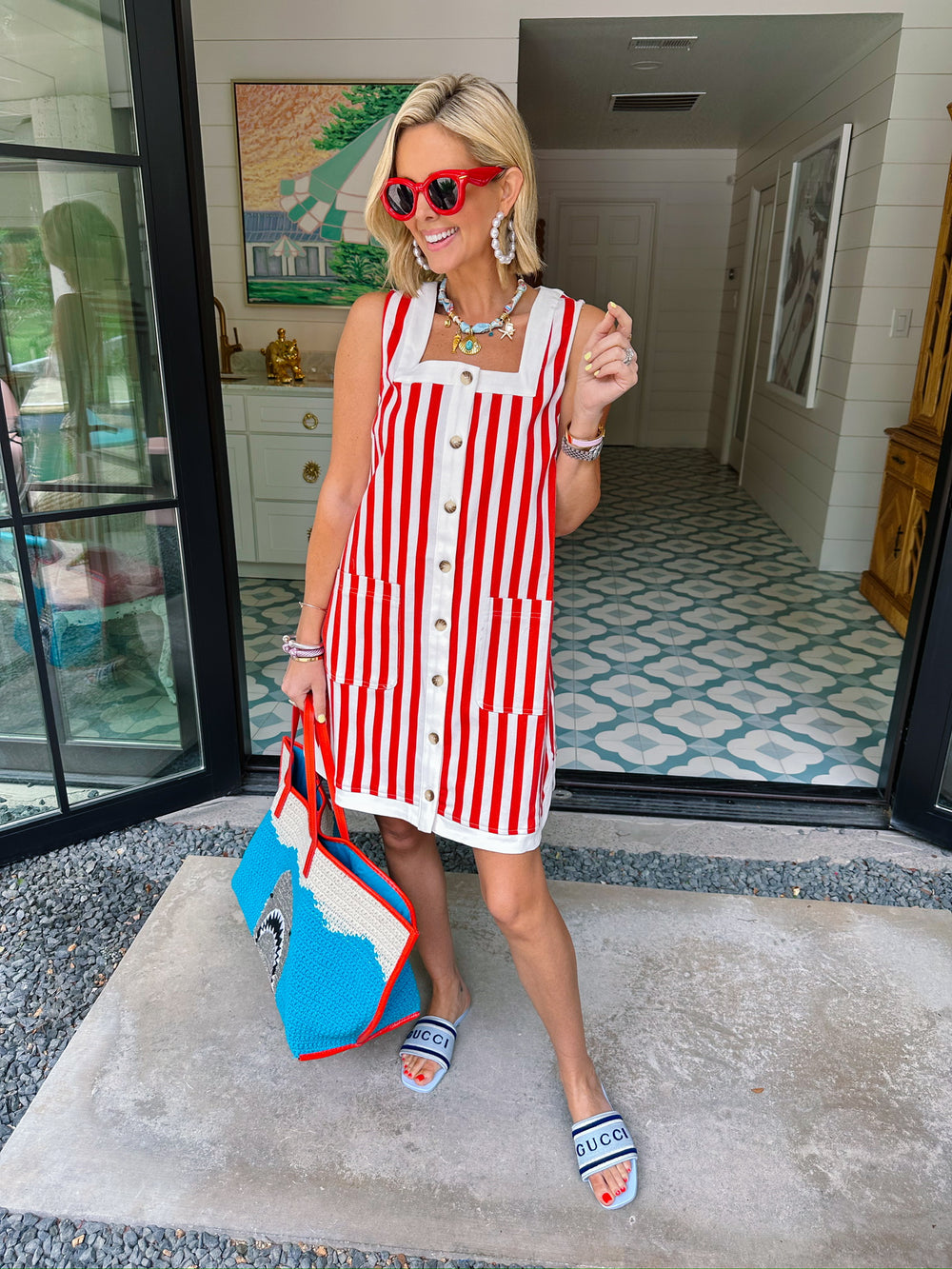 EMMY STRIPE BUTTON UP DRESS - RED