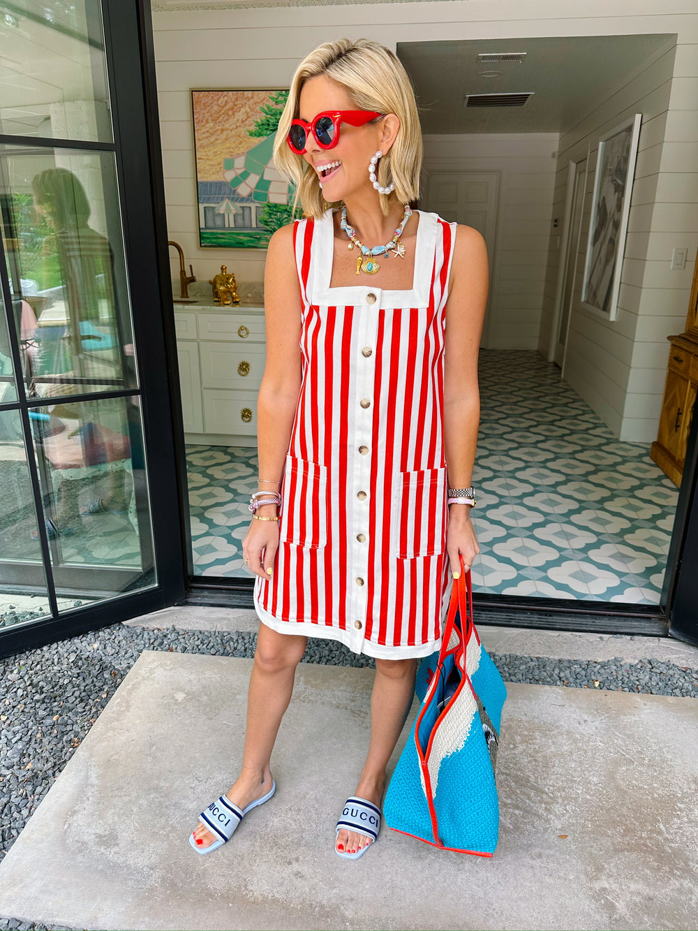 EMMY STRIPE BUTTON UP DRESS - RED