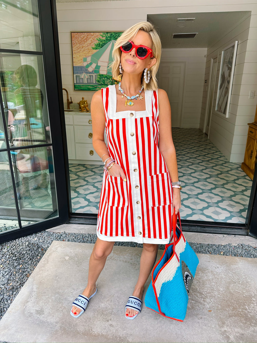 EMMY STRIPE BUTTON UP DRESS - RED