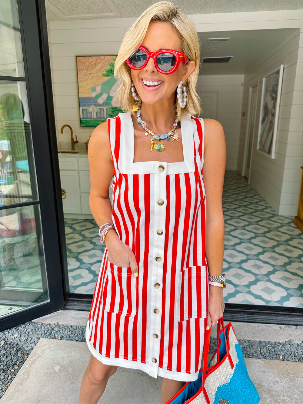 EMMY STRIPE BUTTON UP DRESS - RED
