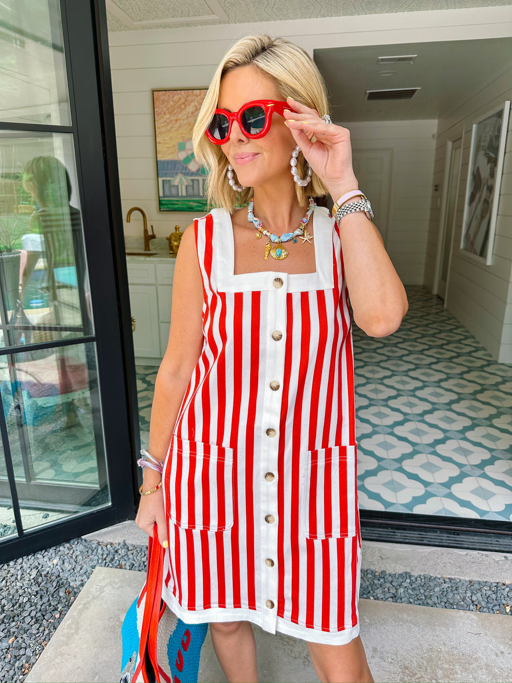EMMY STRIPE BUTTON UP DRESS - RED