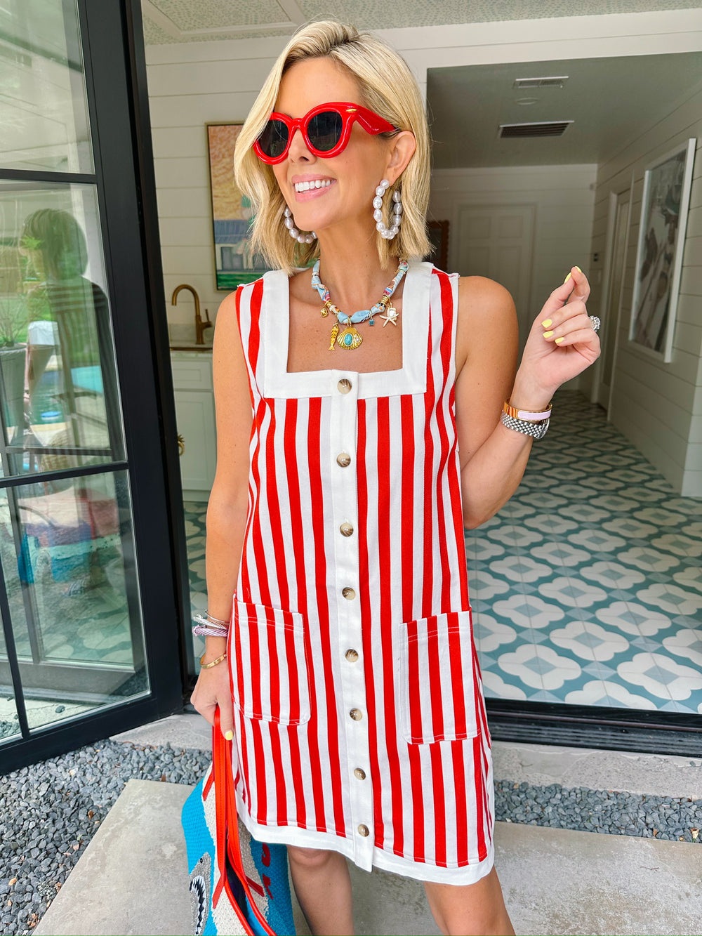 EMMY STRIPE BUTTON UP DRESS - RED