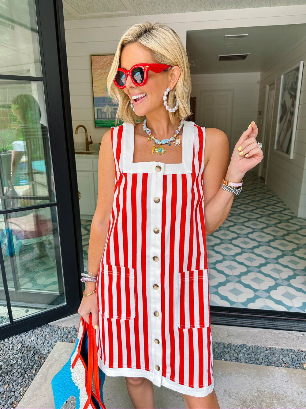 EMMY STRIPE BUTTON UP DRESS - RED