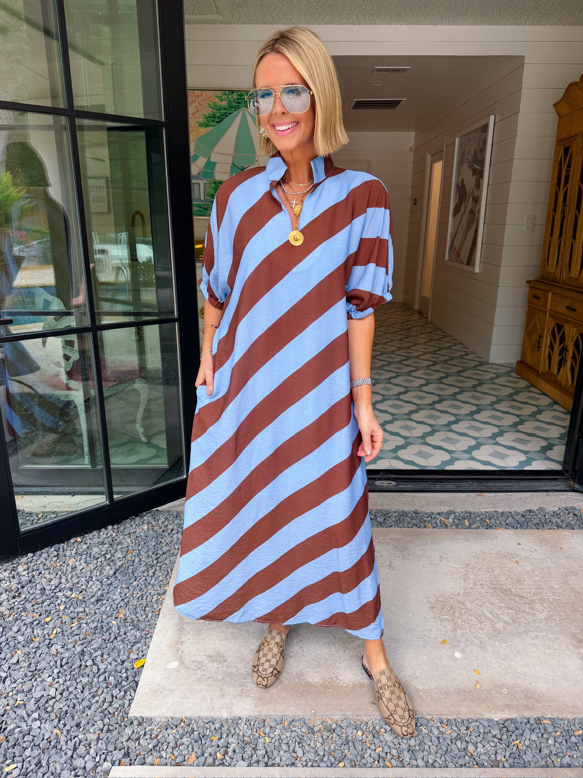 SWAY WITH THE DAY DIAGONAL STRIPE MIDI DRESS - LIGHT BLUE/BROWN