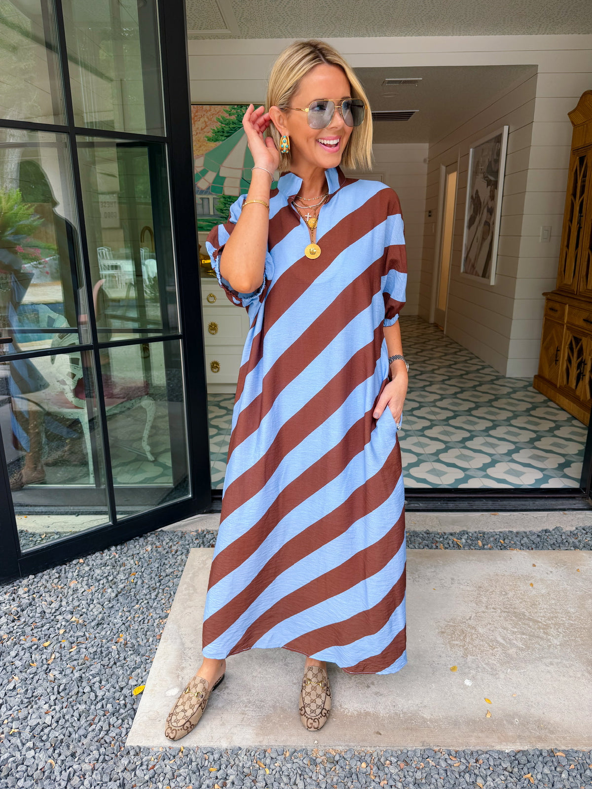 SWAY WITH THE DAY DIAGONAL STRIPE MIDI DRESS - LIGHT BLUE/BROWN