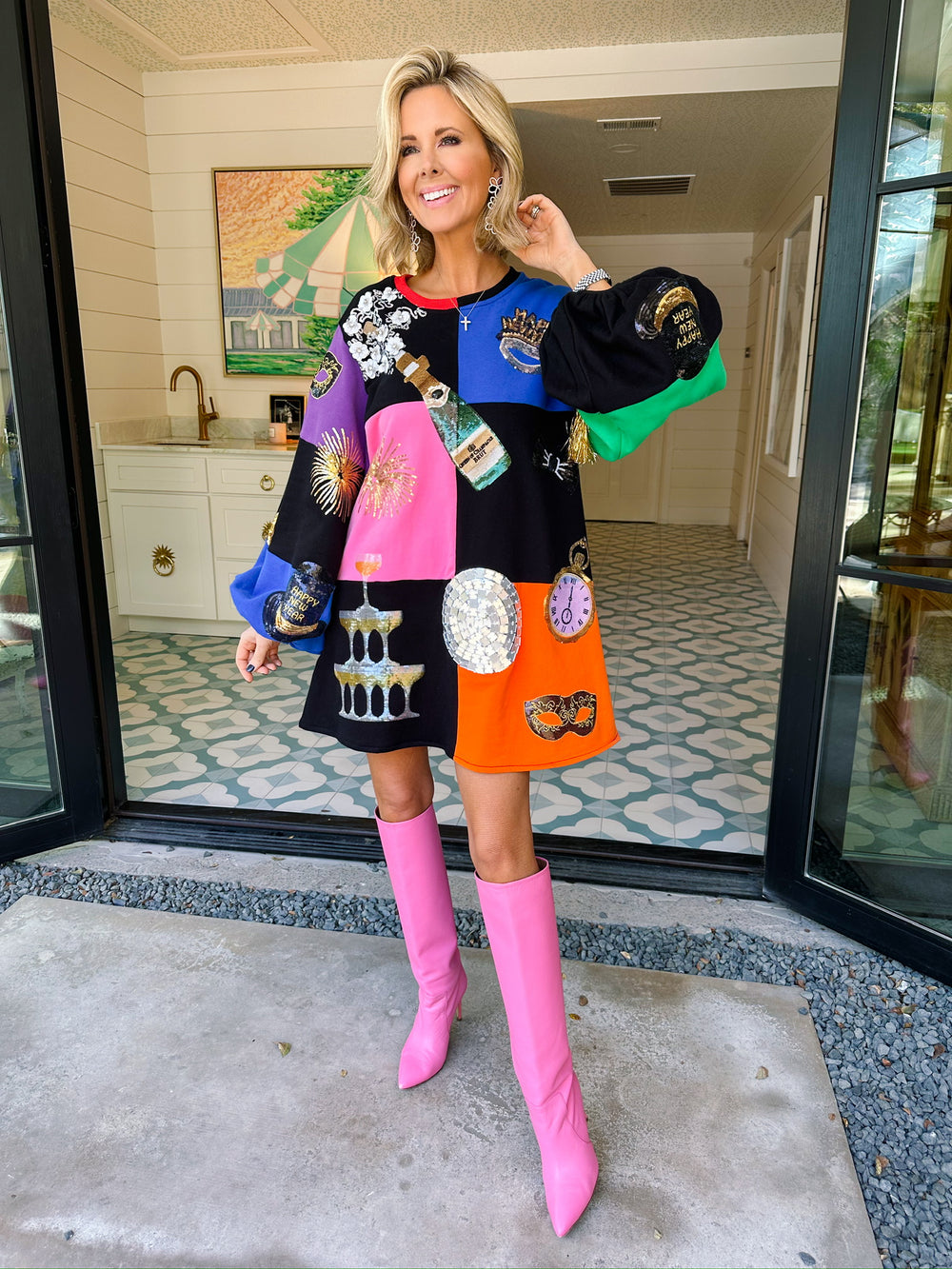 NYE ICON BUBBLE SLEEVE CHECKERED DRESS