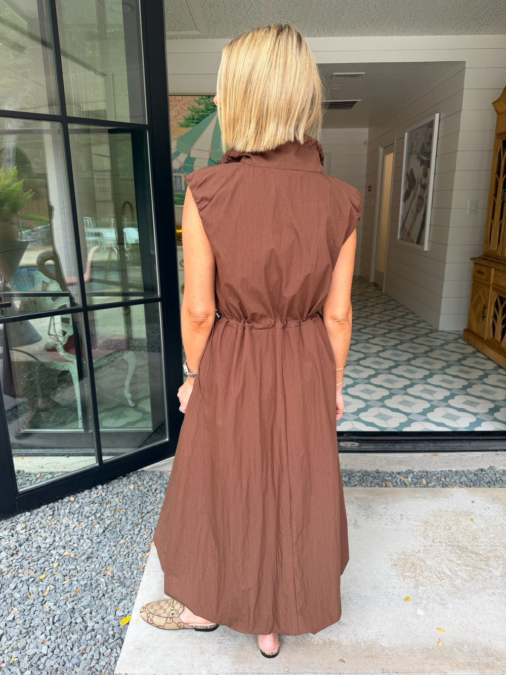 GOING PLACES DRAWCORD MIDI DRESS - BROWN