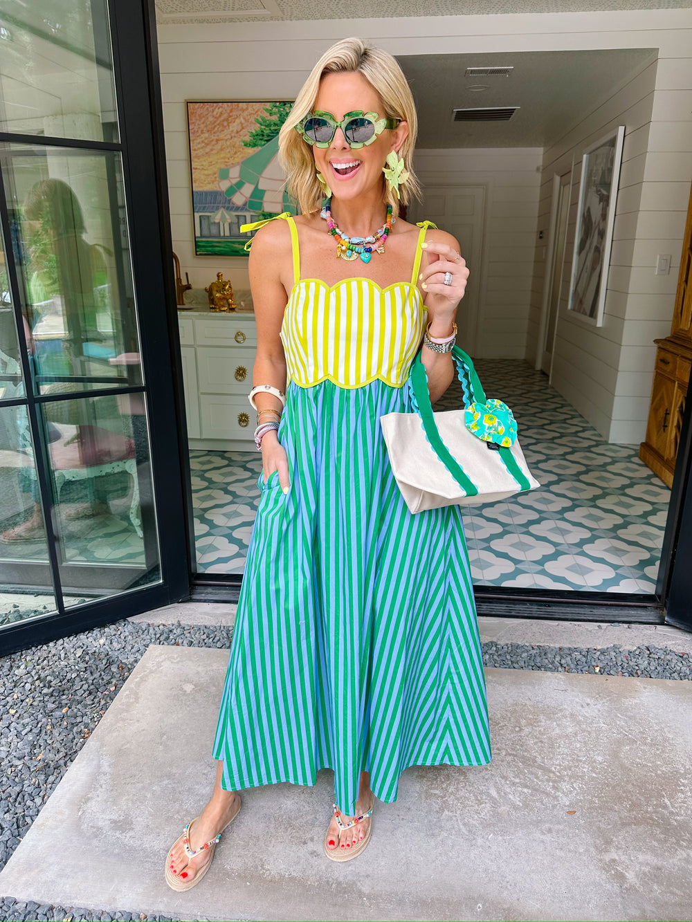 BRIGHTER DAYS AHEAD SCALLOP STRIPE MIDI DRESS - GREEN/BLUE