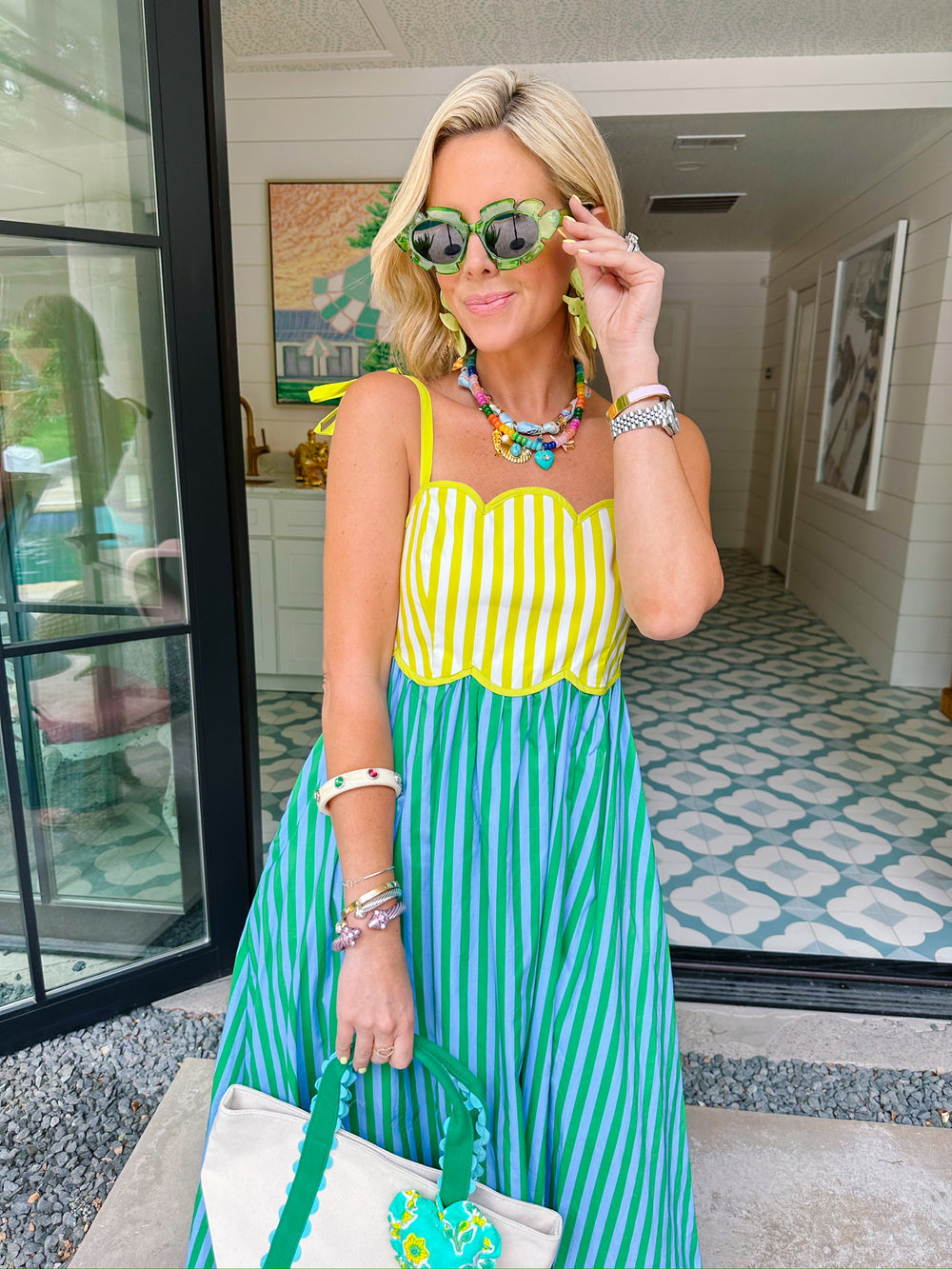 BRIGHTER DAYS AHEAD SCALLOP STRIPE MIDI DRESS - GREEN/BLUE