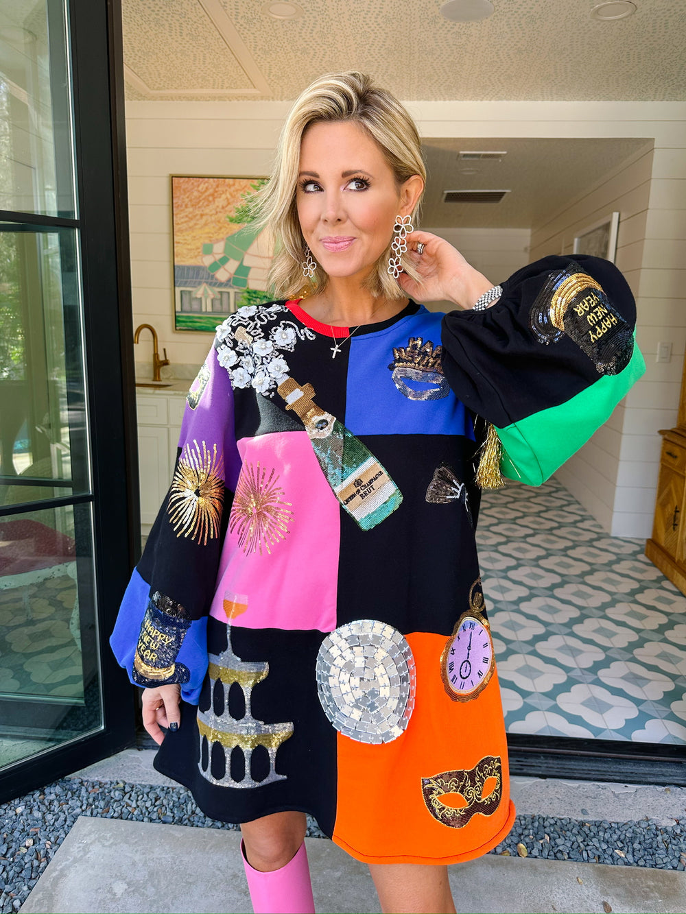 NYE ICON BUBBLE SLEEVE CHECKERED DRESS