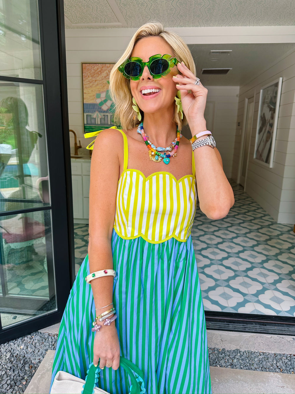 BRIGHTER DAYS AHEAD SCALLOP STRIPE MIDI DRESS - GREEN/BLUE