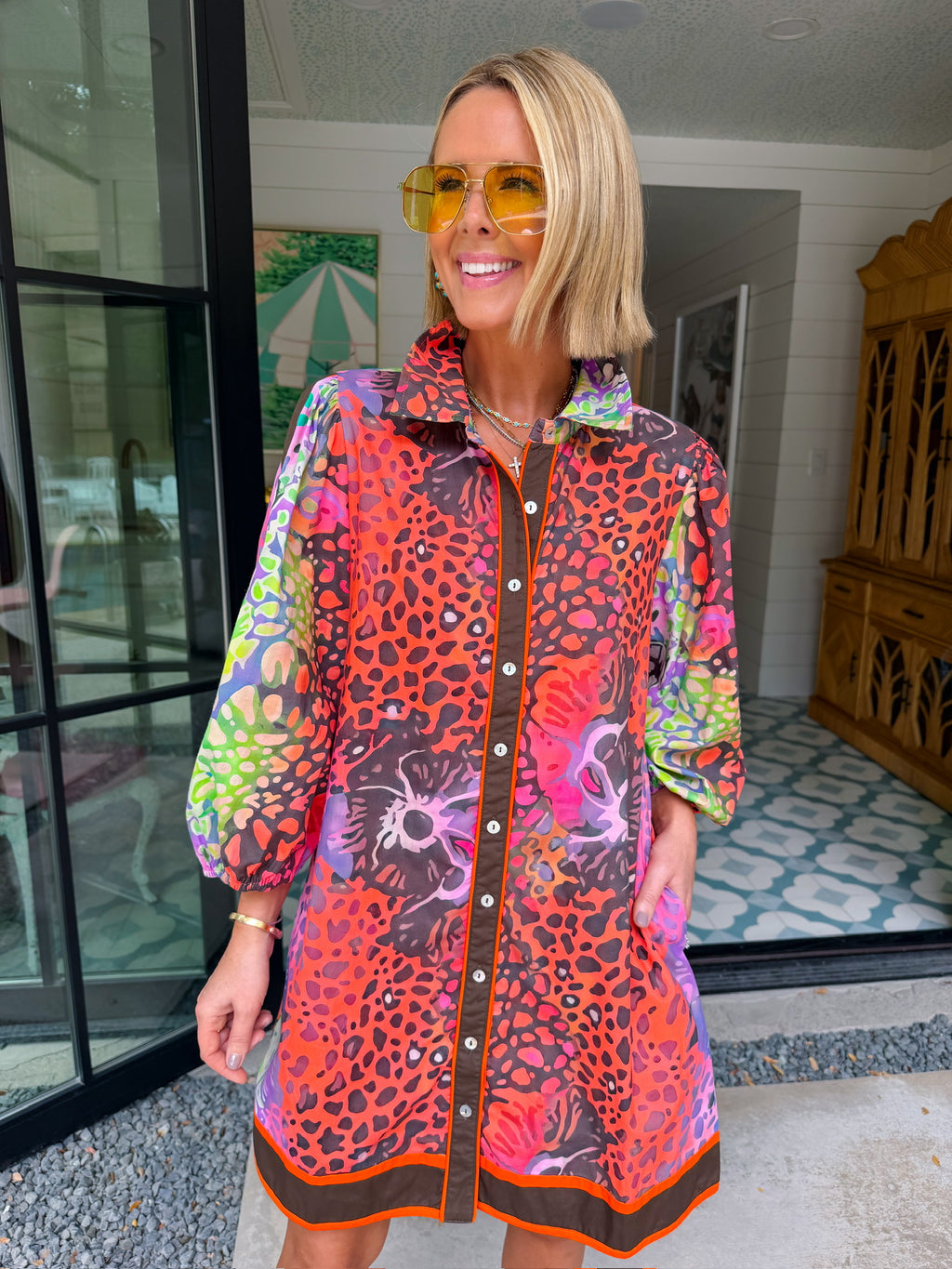 TECHNICOLOR JUNGLE ABSTRACT LEOPARD BUTTON UP DRESS